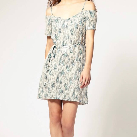 French Connection Off-Shoulder Boho Sequin Dress 0 - Picture 1 of 6